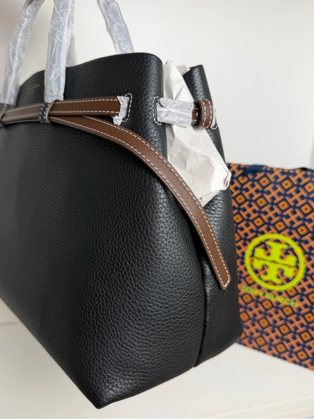 Tory Burch Black Leather Tote with Brown Trim